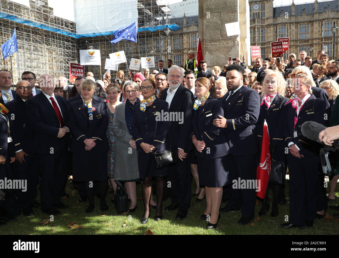Labour leader Jeremy Corbyn attending a protest by ex-Thomas Cook employees outside Parliament in Westminster, London. Stock Photo