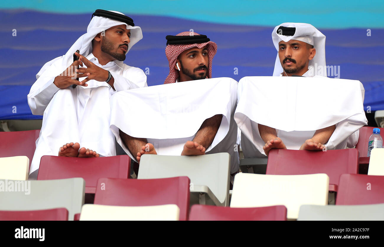 Spectators in the stands during day six of the IAAF World Championships at The Khalifa International Stadium, Doha, Qatar. Stock Photo