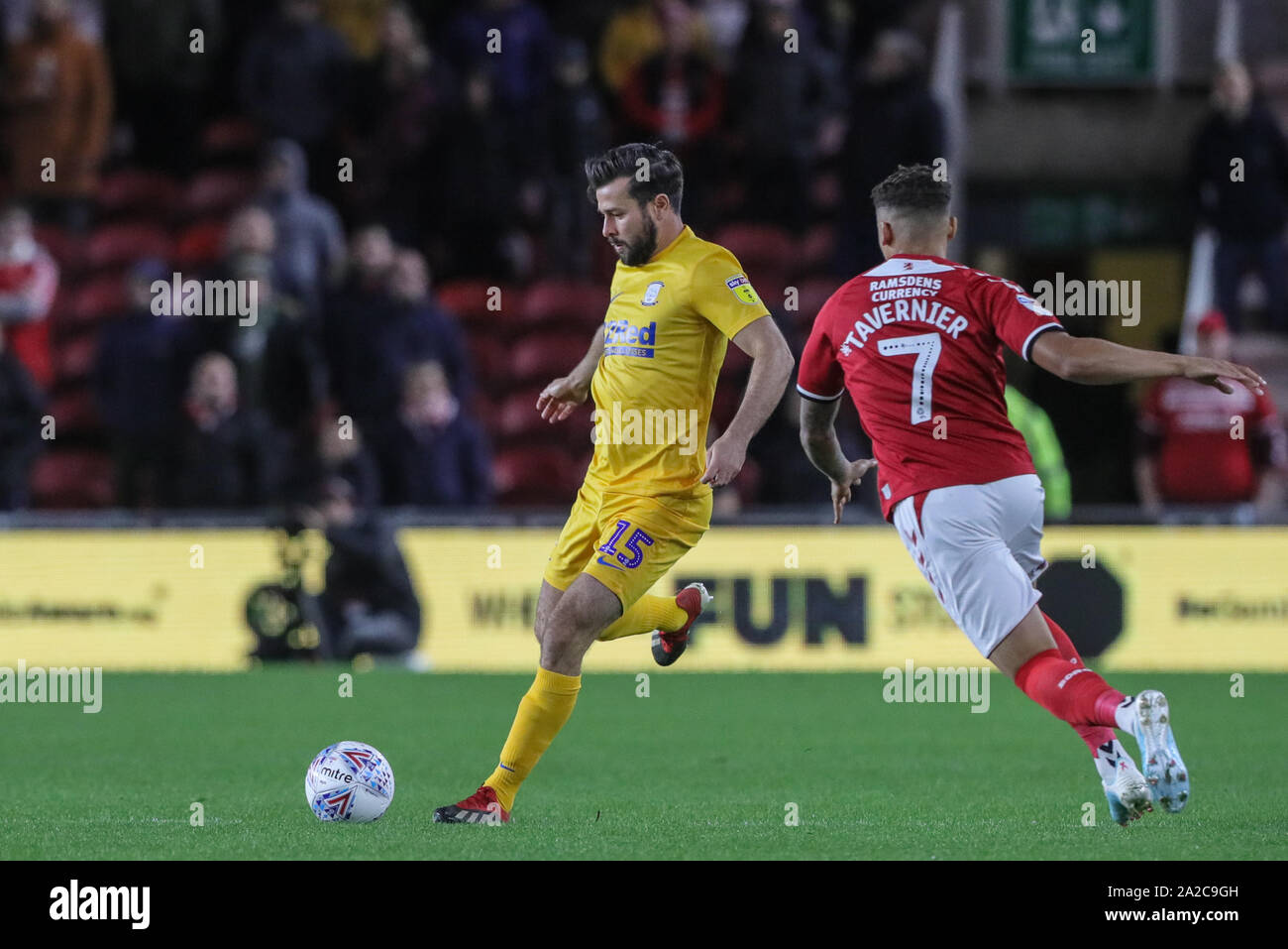 1st October 2019, Riverside Stadium, Middlesbrough, England; Sky Bet Championship, Middlesbrough v Preston North End : Joe Rafferty (15) of Preston North End sides steps Marcus Tavernier (7) of Middlesbrough to pass the ball up field  Credit: Mark Cosgrove/News Images Stock Photo