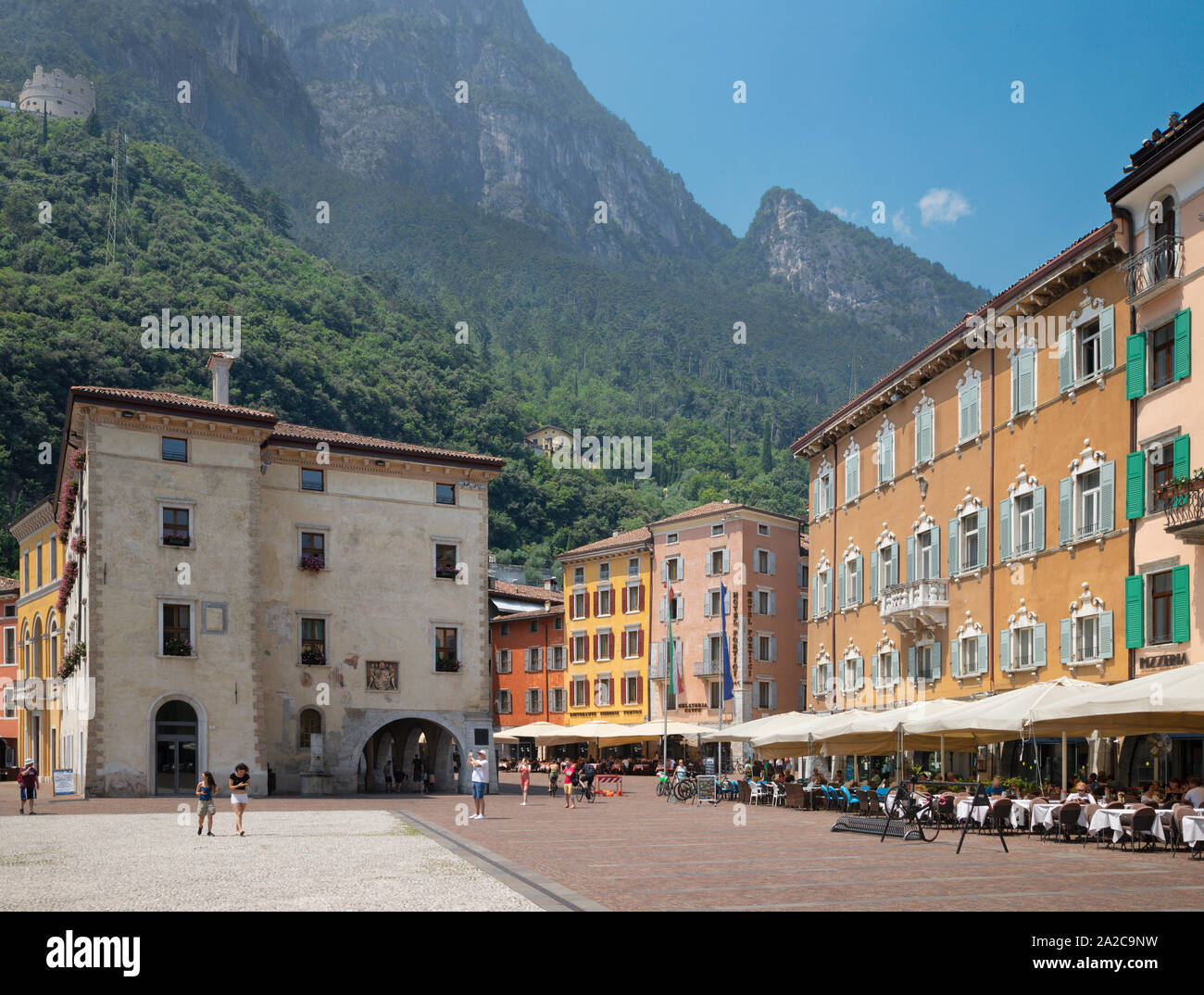 RIVA DEL GARDA, ITALY - JUNE 6, 2019: The Piazza Catena square on the waterfront of Lago di Garda lake. Stock Photo