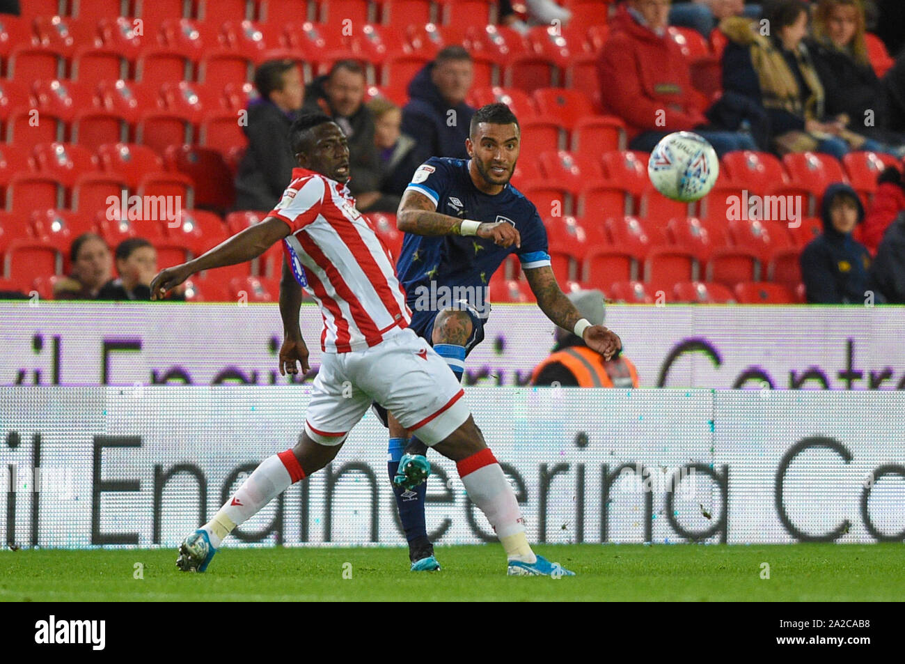 1st October 2019, Bet365 Stadium, Stoke-on-Trent, England; Sky Bet Championship, Stoke City v Huddersfield Town : Danny Simpson (17) of Huddersfield Town fires the cross in Credit: Richard Long/News Images Stock Photo