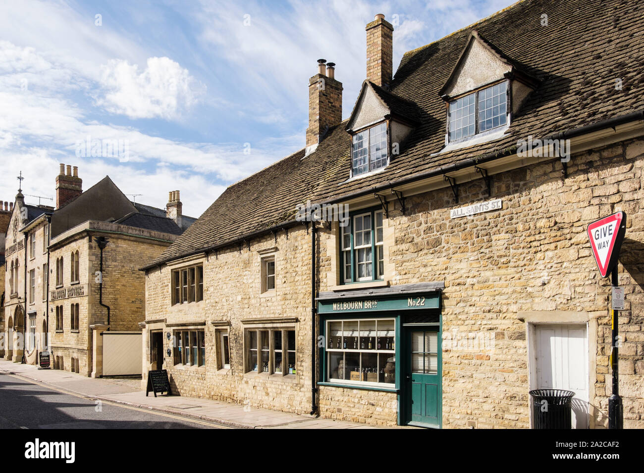Melbourn Brothers All Saints Brewery pub in historic limestone buildings on All Saints Street, Stamford, Lincolnshire, England, UK, Britain Stock Photo