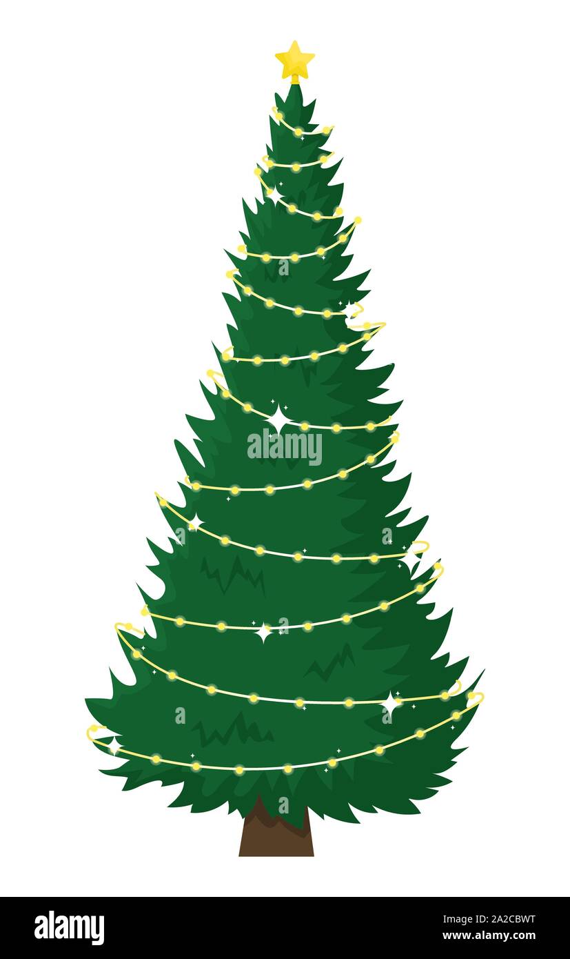 Tall beautiful Christmas tree with garland. Christmas flat vector illustration. Stock Vector