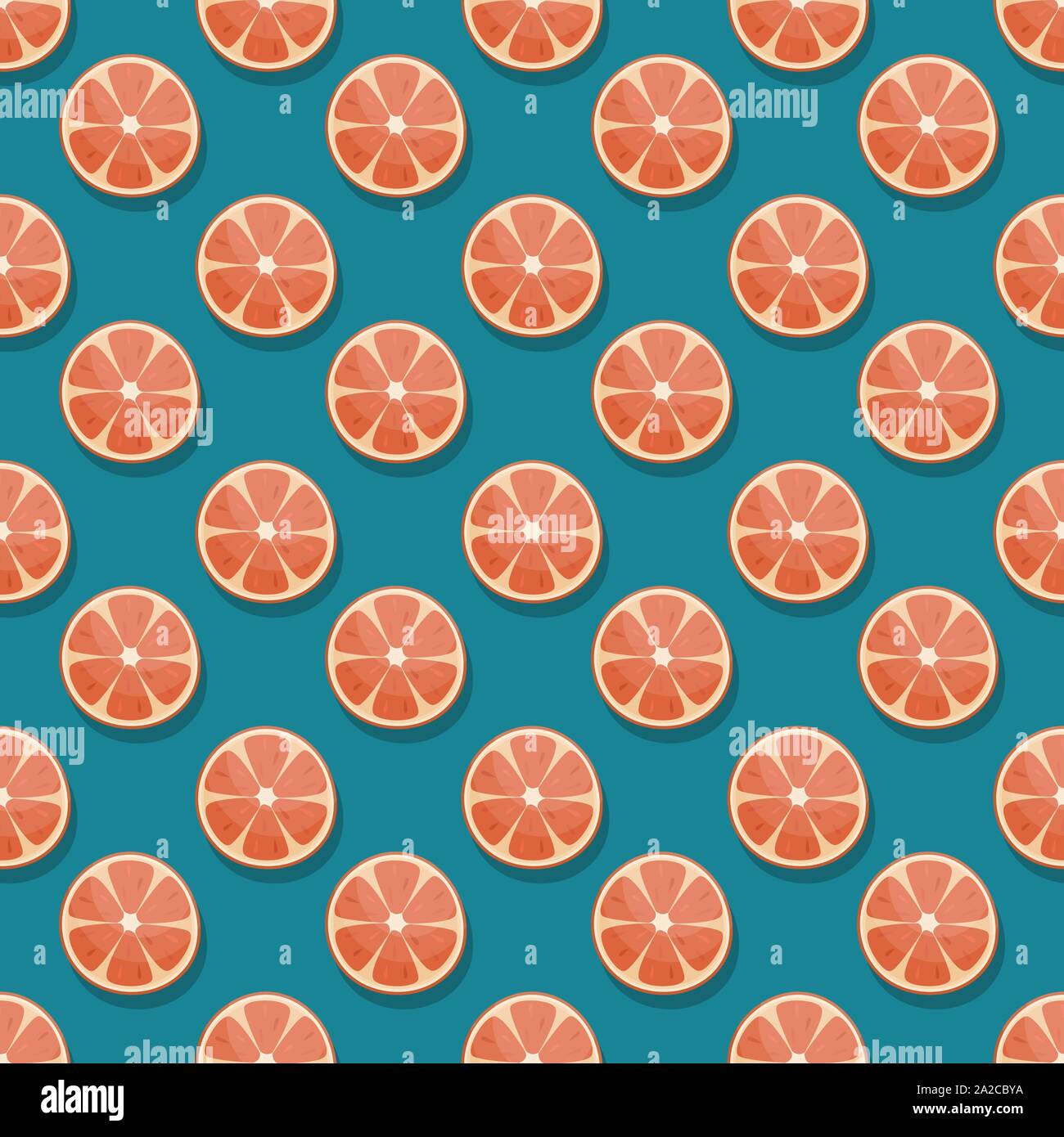 Seamless pattern with round grapefruit slices on a blue background. Flat lay vector background. Stock Vector