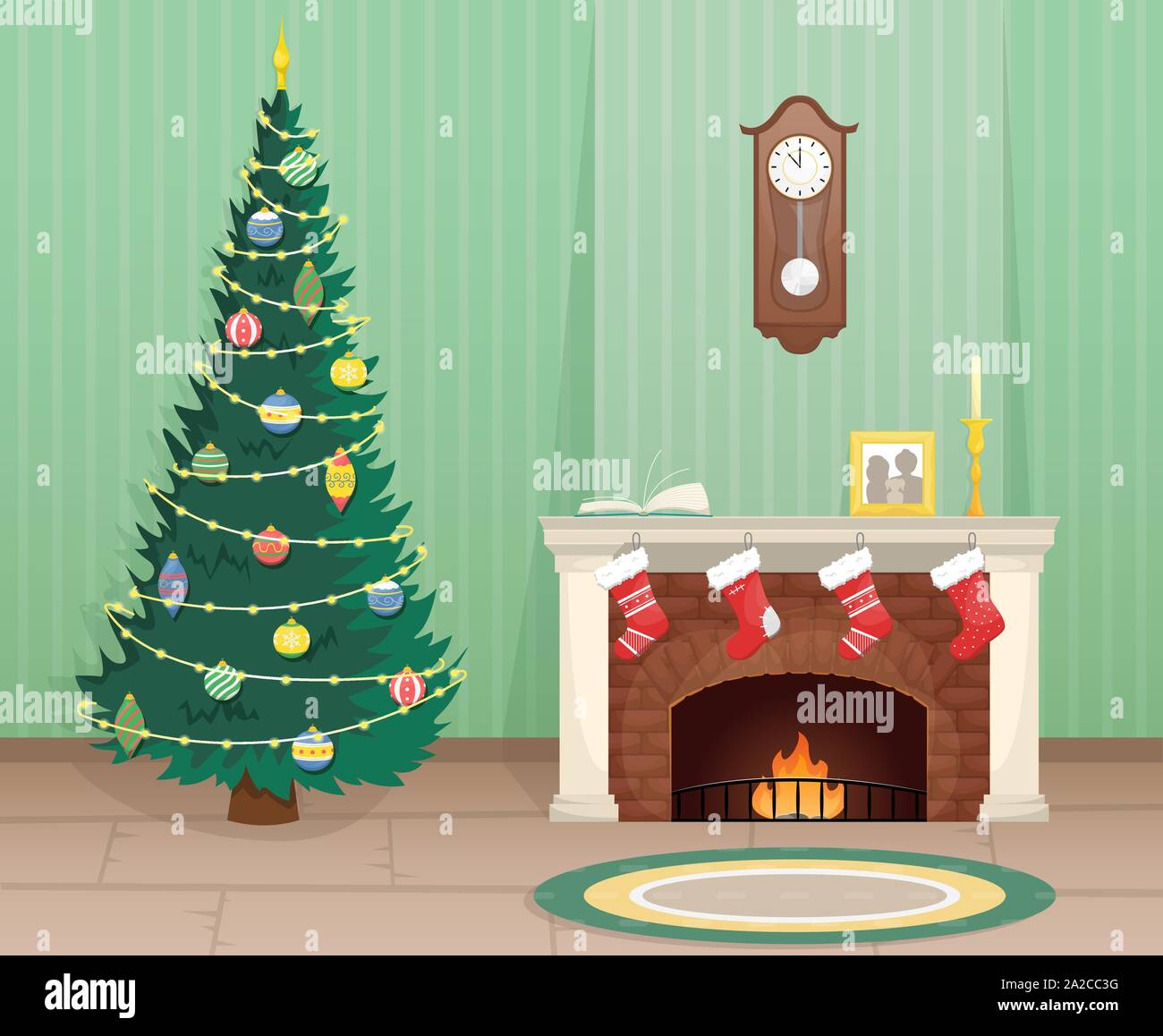 Living Room With Christmas Tree And Brick Fireplace With