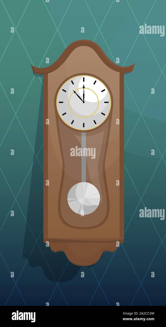 Old wooden clock with round dial and pendulum. Flat vector illustration. Stock Vector