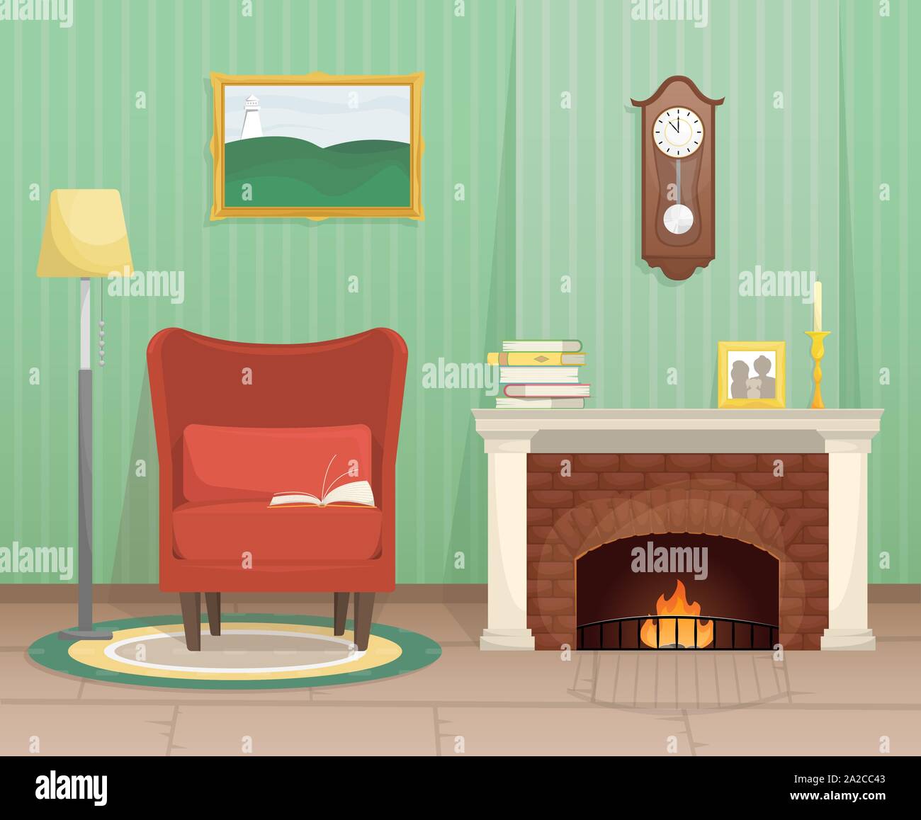 Living Room With Fireplace And Antique Clock Over The Fireplace