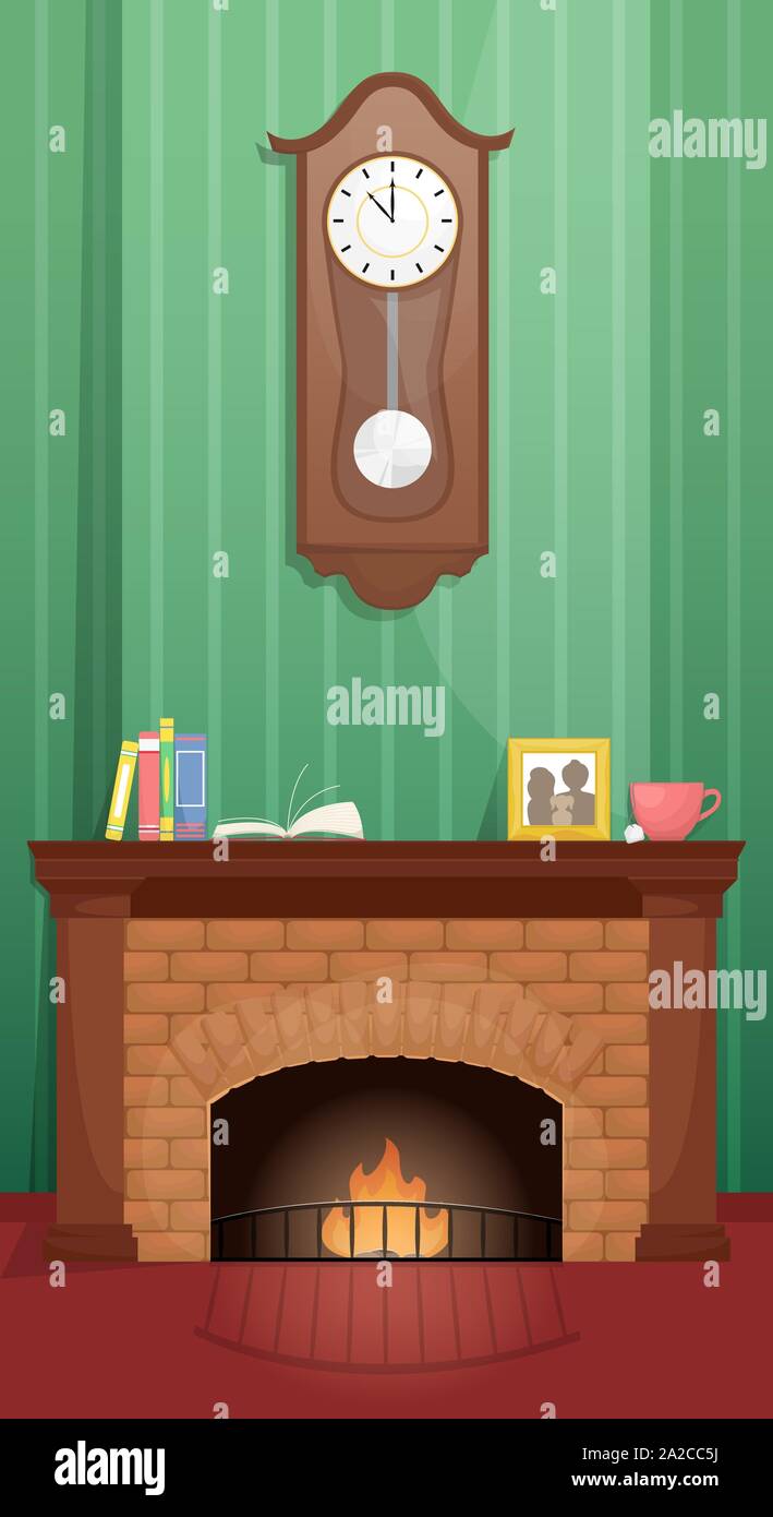 Living room with fireplace and antique clock over the fireplace. Flat