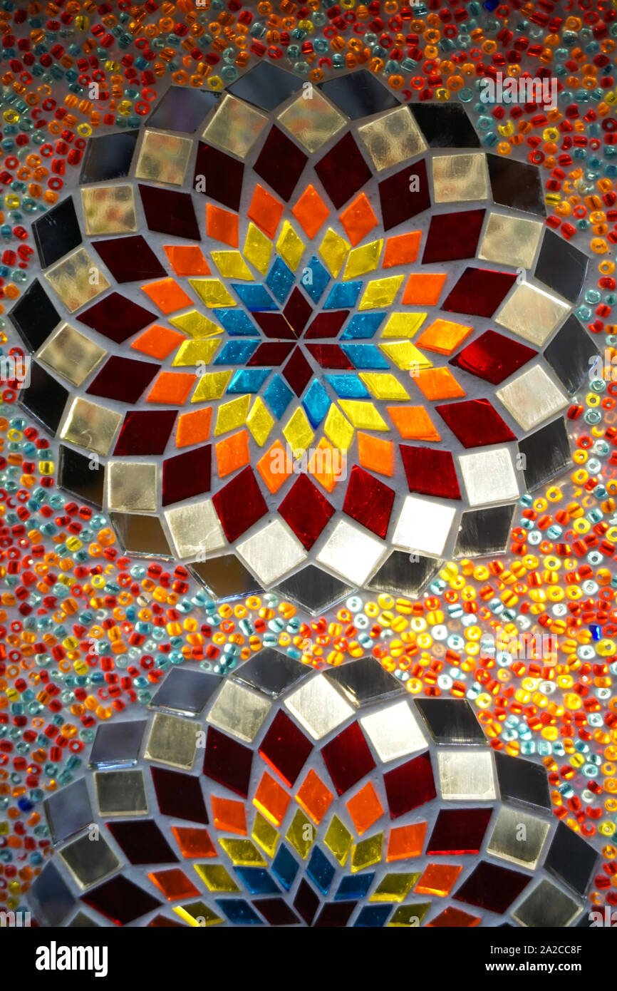 Colorful stained glass mosaic on the lampshade of the chandelier Stock Photo