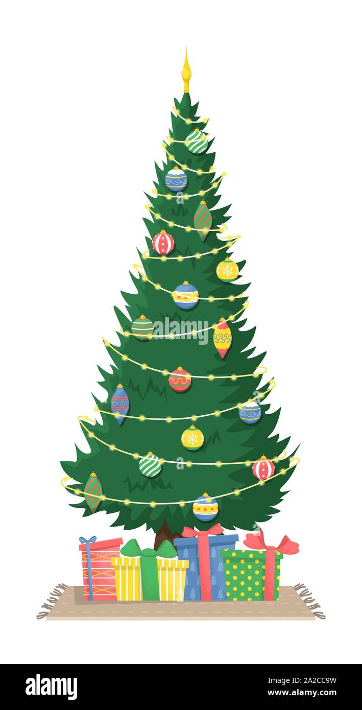 Tall beautiful Christmas tree with garland and Christmas tree toys and