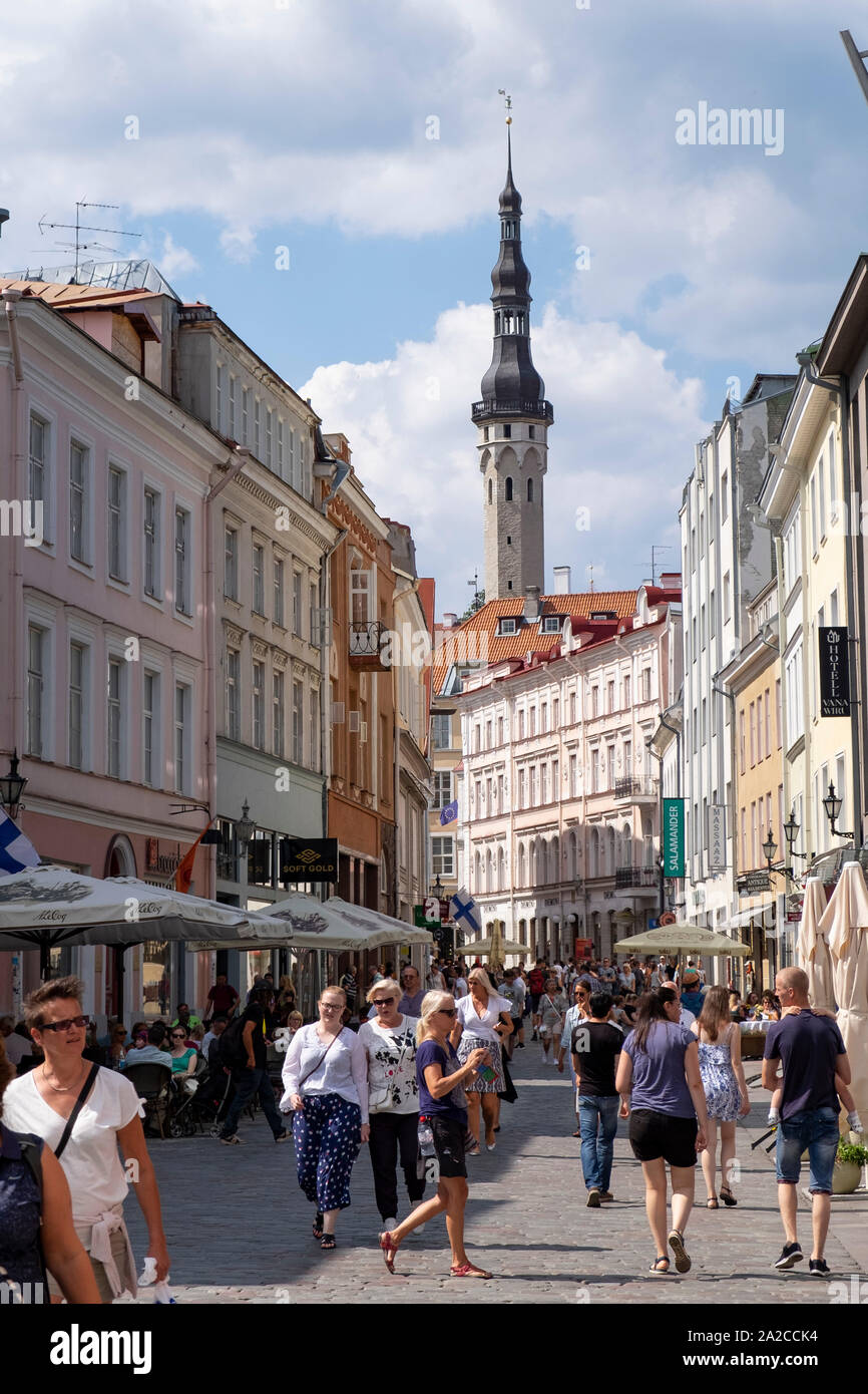 The famous Viru street ,in the background, the town hall tower.Tallinn, Harju County, Republic of Estonia. Stock Photo