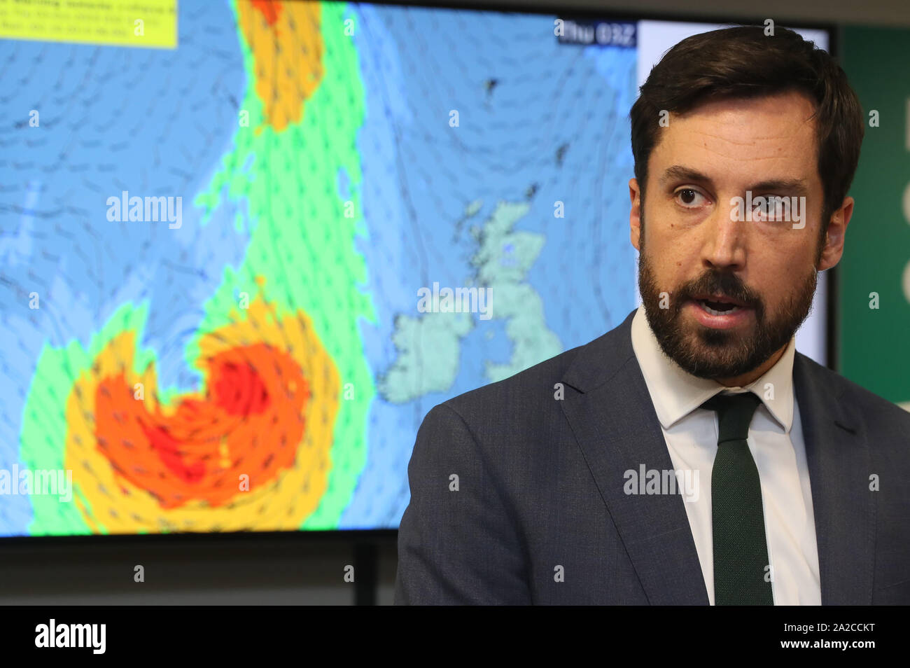 Irish Minister for Housing, Eoghan Murphy, at a press briefing at the Department of Agriculture, Dublin, following a meeting of the National Emergency Co-ordination group concerning Storm Lorenzo. Stock Photo