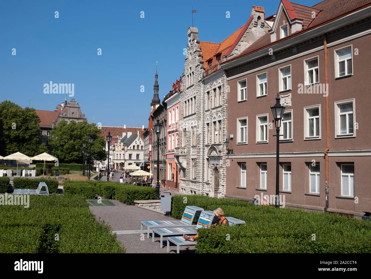 View from Harju Street Park towards old buildings in Harju Street, Tallinn, Estonia Stock Photo