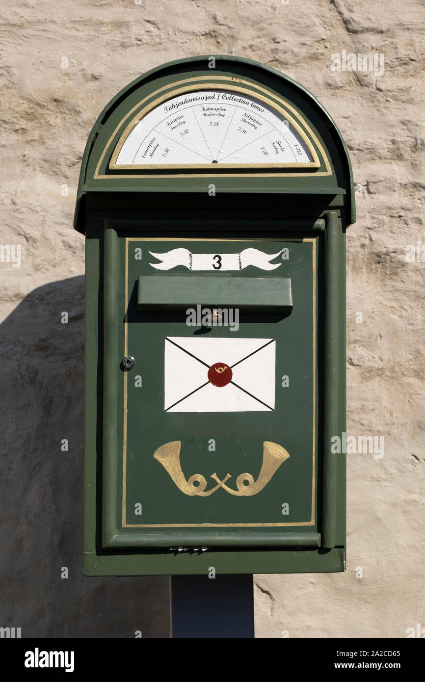 Close up of green letterbox on a wall in Tallinn, Estonia Stock Photo