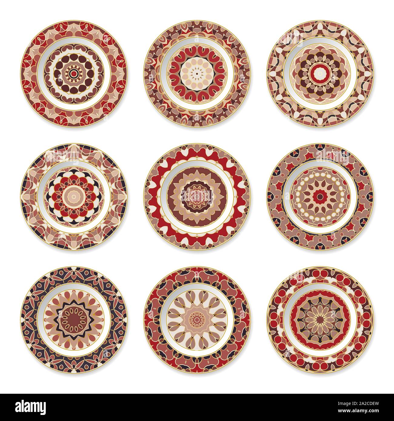 Set of nine red decorative plates with a circular pattern, top view