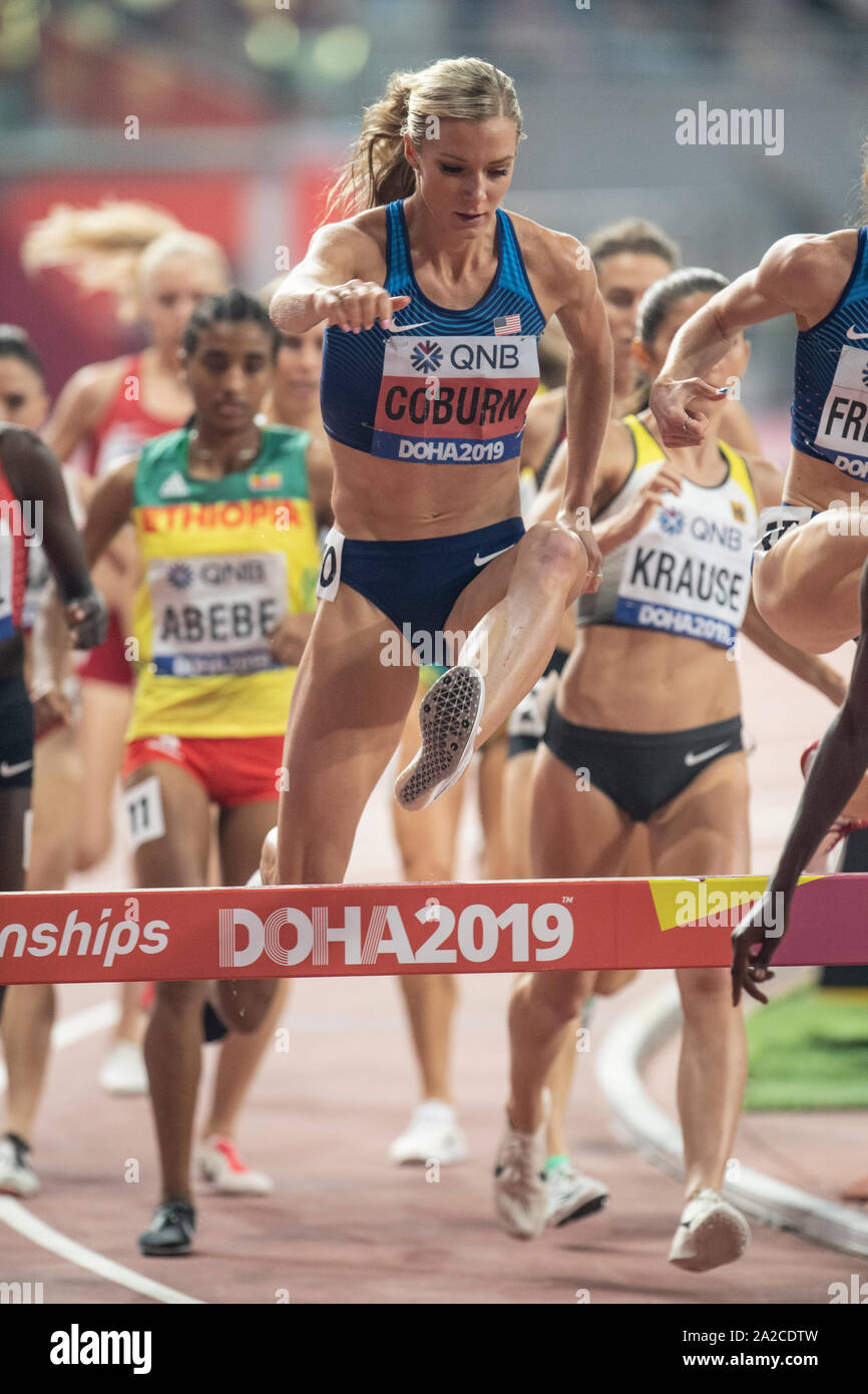 Emma Coburn of the USA competing in the women's 3000m steeplechase final on day four of 17th IAAF World Athletics Championships at Khalifa International Stadium. Credit: SOPA Images Limited/Alamy Live News Stock Photo