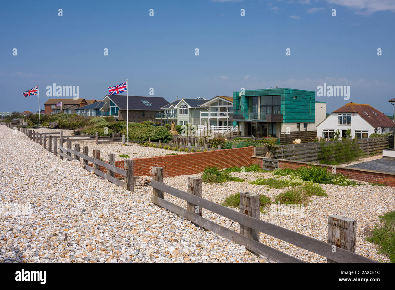 Beach houses at East Wittering on the West Sussex coast of England