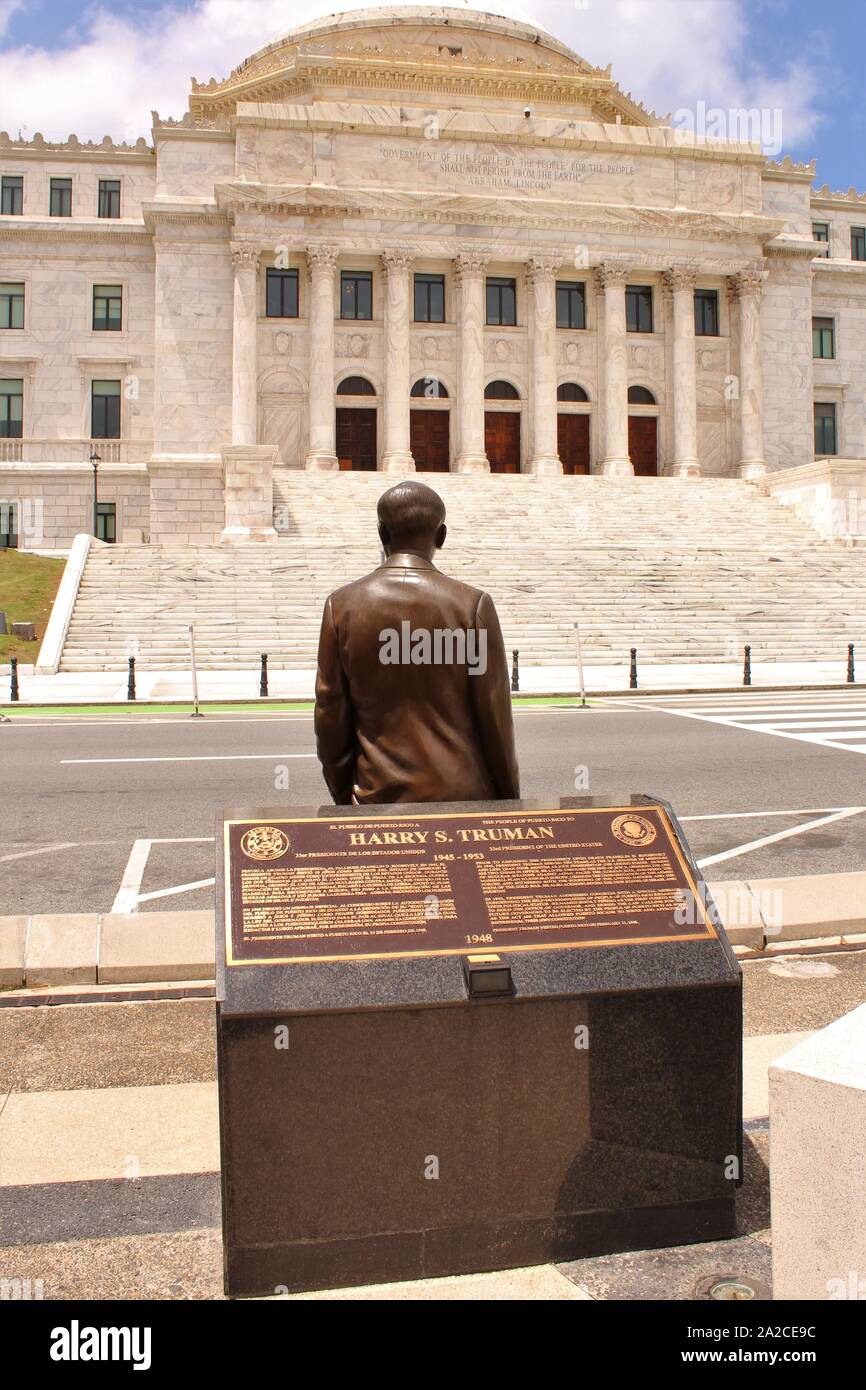 Bronze statue of former U.S President Harry Truman, one of the nine bronze statues celebrating the nine presidents to have visited Puerto Rico. Stock Photo