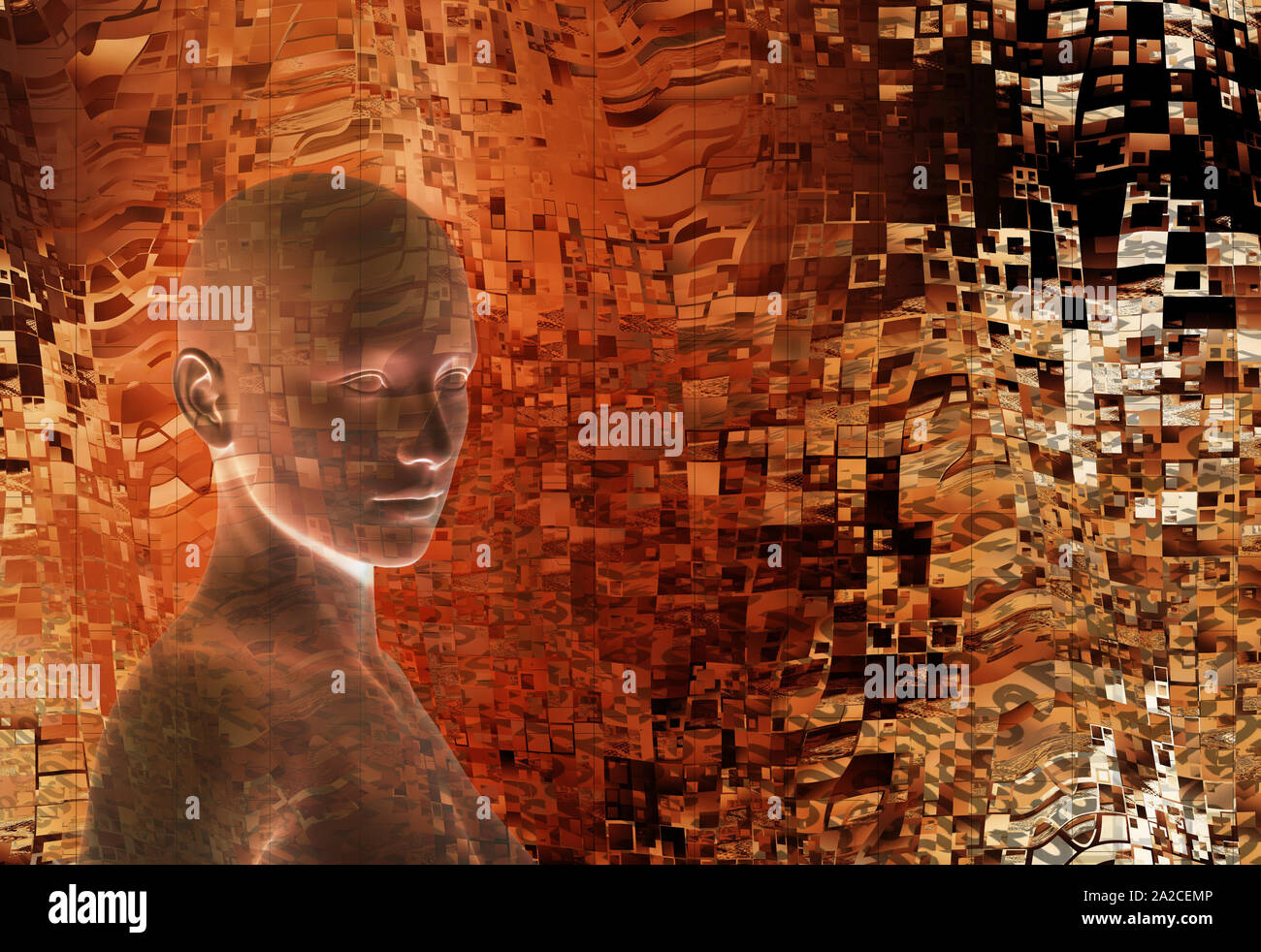 humanoid head as concept for Artificial Intelligence, future generations of humans, technology singularity, cyberlife and digitally created personas Stock Photo