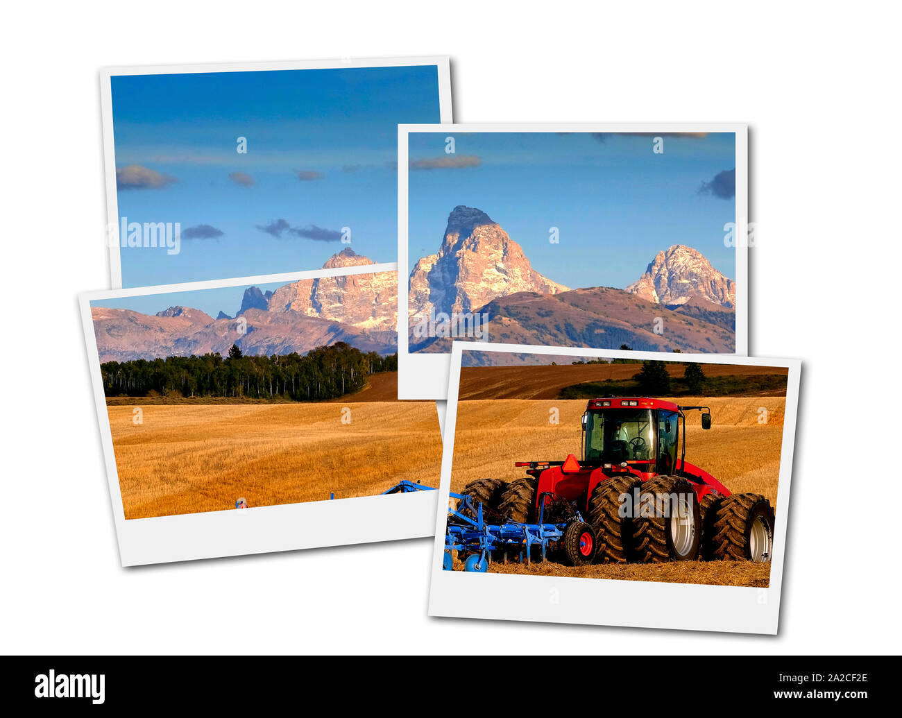 Tractor Equipment Farming Ground Harvesting crops in fall Autumn with Teton Mountains in background film frame photograph Stock Photo