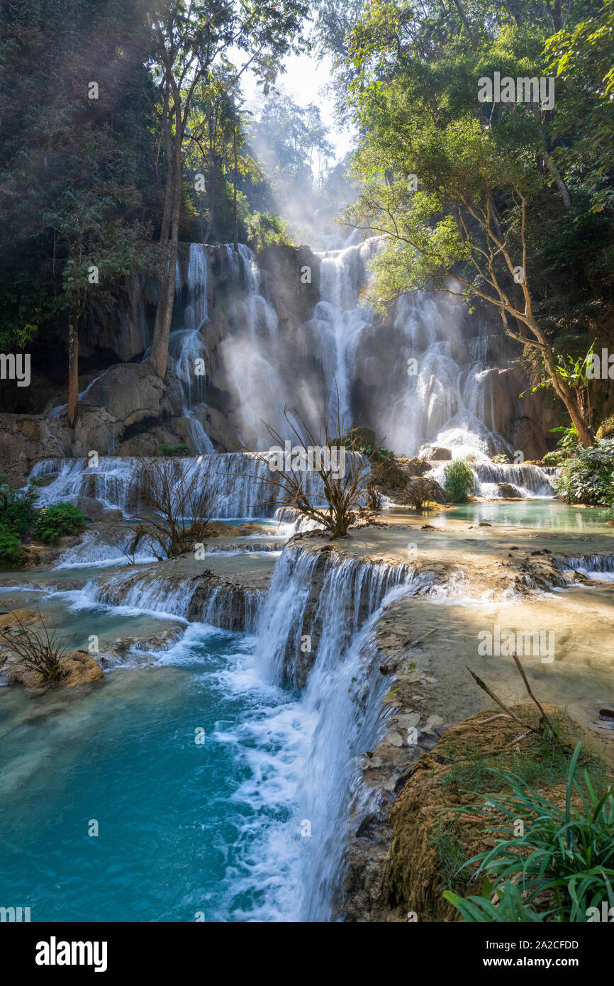 Waterfalls and limestone formations with water cascading into turquoise pools at Tat Kuang Si, Luang Prabang, Luang Prabang province, Northern Laos, L Stock Photo