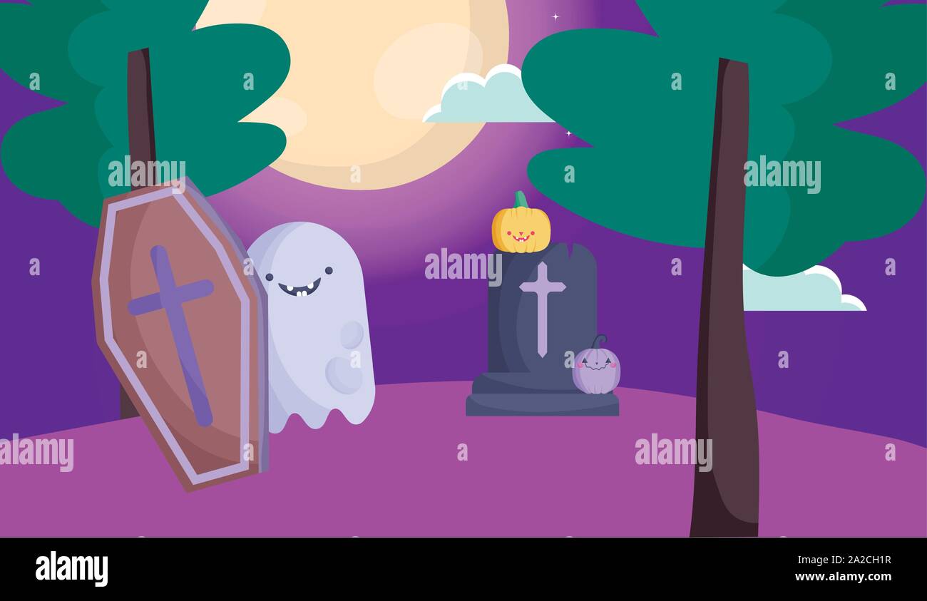 ghost coffin gravestone pumpkin moon trick or treat - happy halloween ...