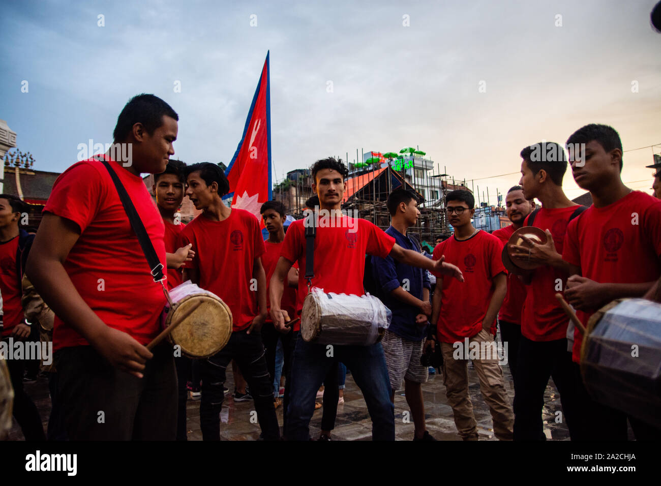 Nepalese People Plays traditional instrument during Indra Jatra festival at kathmandu, Nepal. Stock Photo