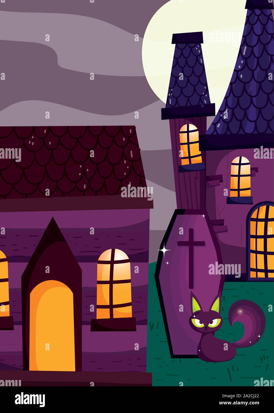 houses coffin cat trick or treat - happy halloween vector illustration ...
