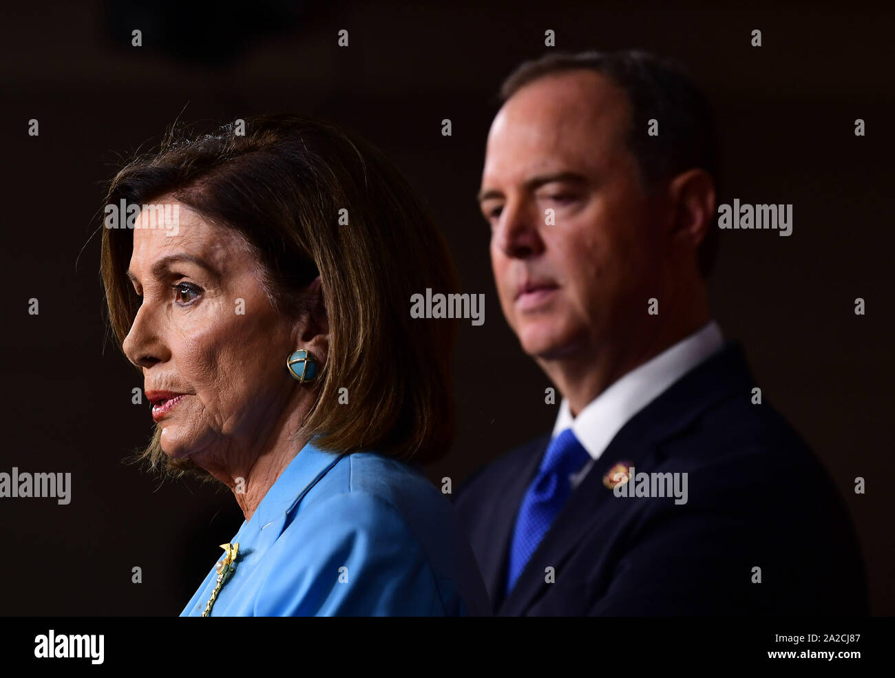 Washington, United States. 02nd Oct, 2019. Speaker of the House Nancy Pelosi, D-Calif., and House Intelligence Committee Chairman Adam Schiff, D-Calif., hold a press briefing on the impeachment proceedings into President Donald Trump, on Capitol Hill in Washington, DC on Wednesday, October 2, 2019. Photo by Kevin Dietsch/UPI Credit: UPI/Alamy Live News Stock Photo