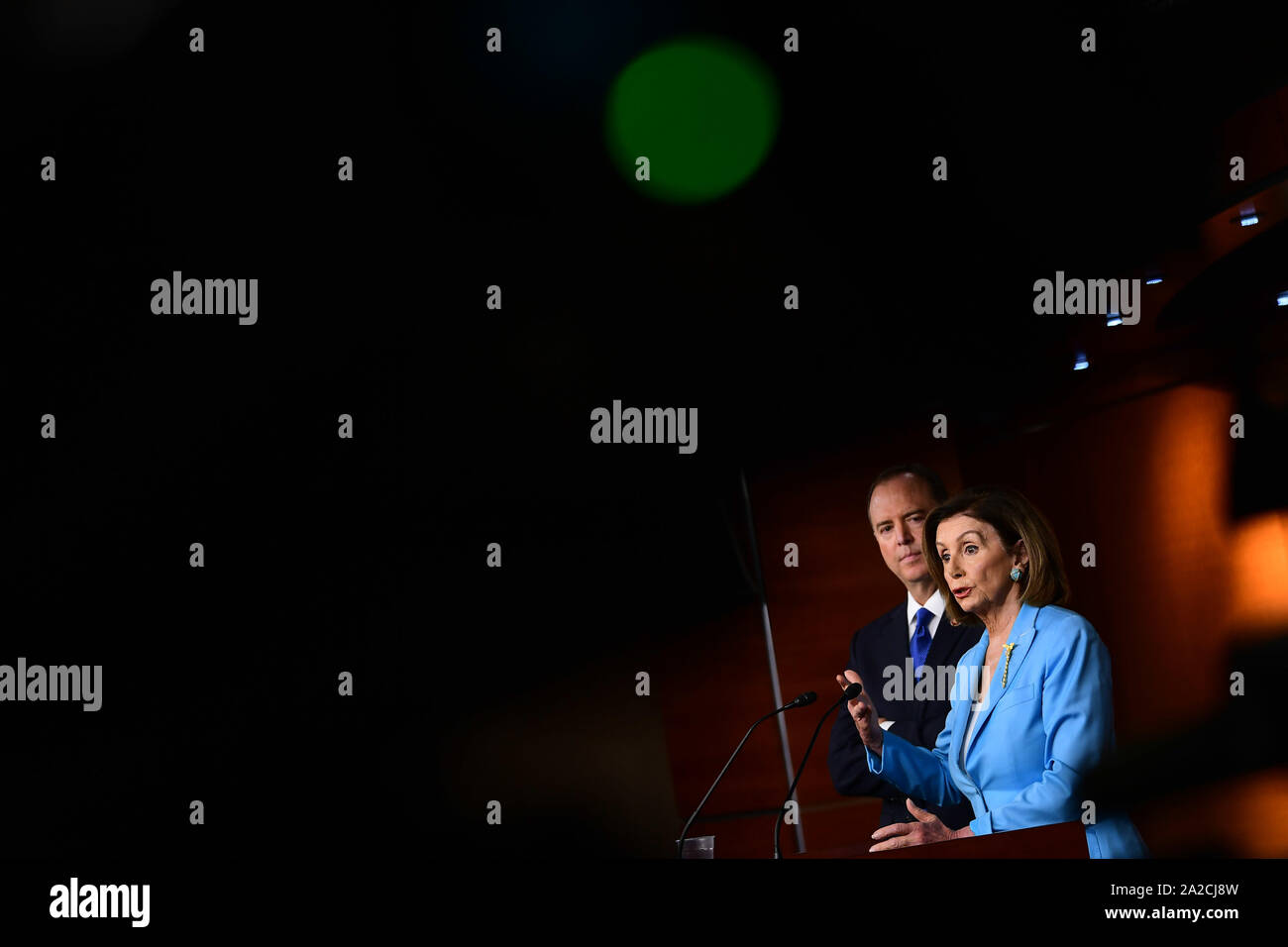 Washington, United States. 02nd Oct, 2019. Speaker of the House Nancy Pelosi, D-Calif., and House Intelligence Committee Chairman Adam Schiff, D-Calif., hold a press briefing on the impeachment proceedings into President Donald Trump, on Capitol Hill in Washington, DC on Wednesday, October 2, 2019. Photo by Kevin Dietsch/UPI Credit: UPI/Alamy Live News Stock Photo