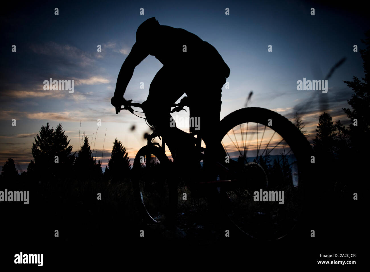 A mountain biker silhouetted at sunset near Missoula, Montana Stock Photo