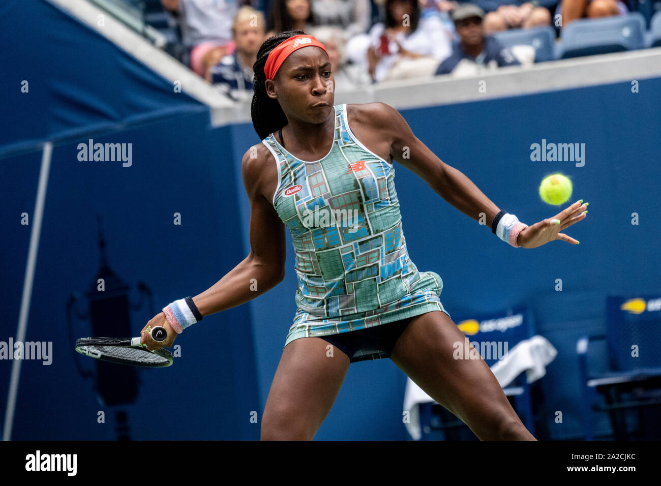 Coco Gauff of USA competing in the first round of the 2019 US Open