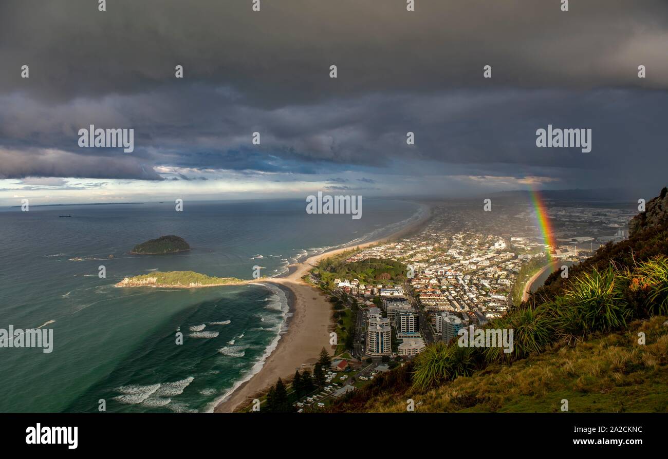 Panoramic view of Mount Manganui district and Tauranga harbour, view from Mount Maunganui with rainbow, Bay of Plenty, North Island, New Zealand Stock Photo