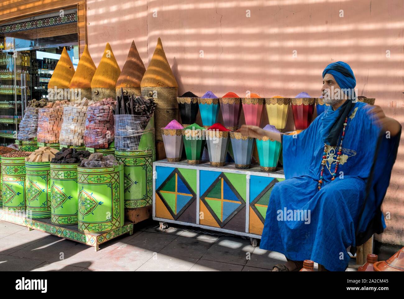 Seller of spices and Spice, Souk, Medina, Marrakech, Morocco Stock Photo