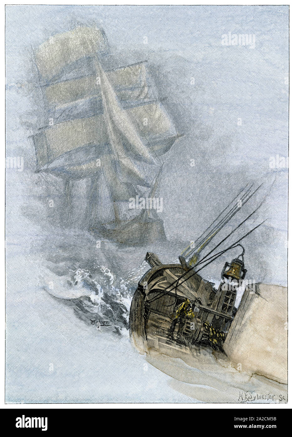 South Shoal Lightship warning a clipper ship of shoals off Nantucket Island, 1890s. Hand-colored woodcut Stock Photo