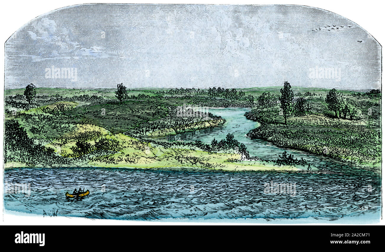Early canoeists approaching the future site of Chicago, 1600s. Hand-colored woodcut Stock Photo