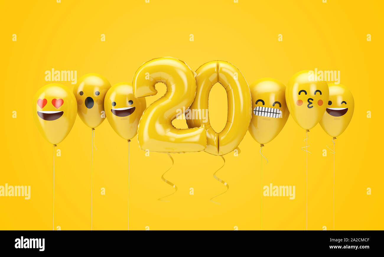 Number 20 yellow birthday emoji faces balloons. 3D Render Stock Photo