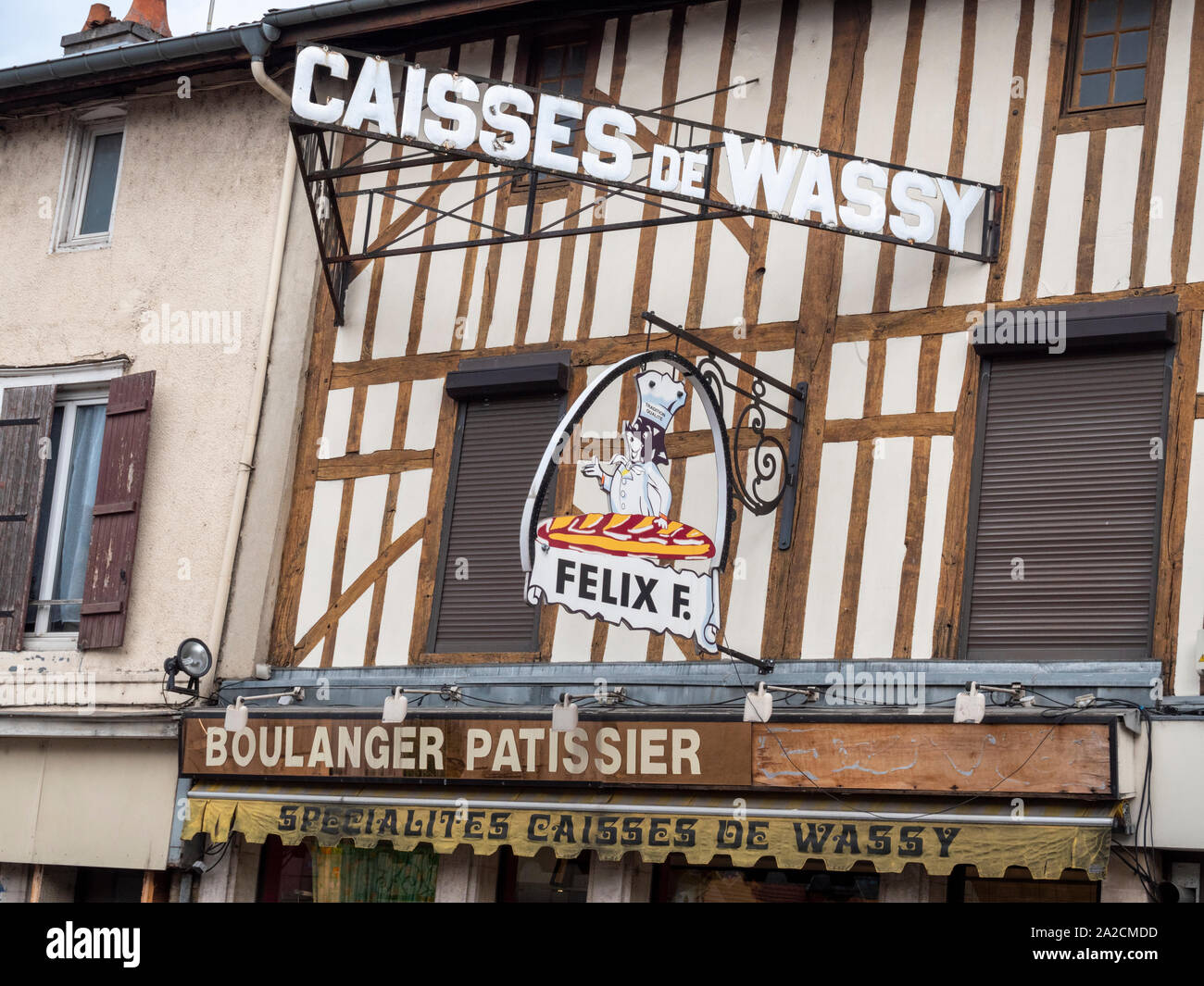 The ornate sign for Felix F boulangerie  or french bakers shop in Wassy, selling caisses de Wassy  Haut-Marne, Champagne-Ardennes region of France Stock Photo