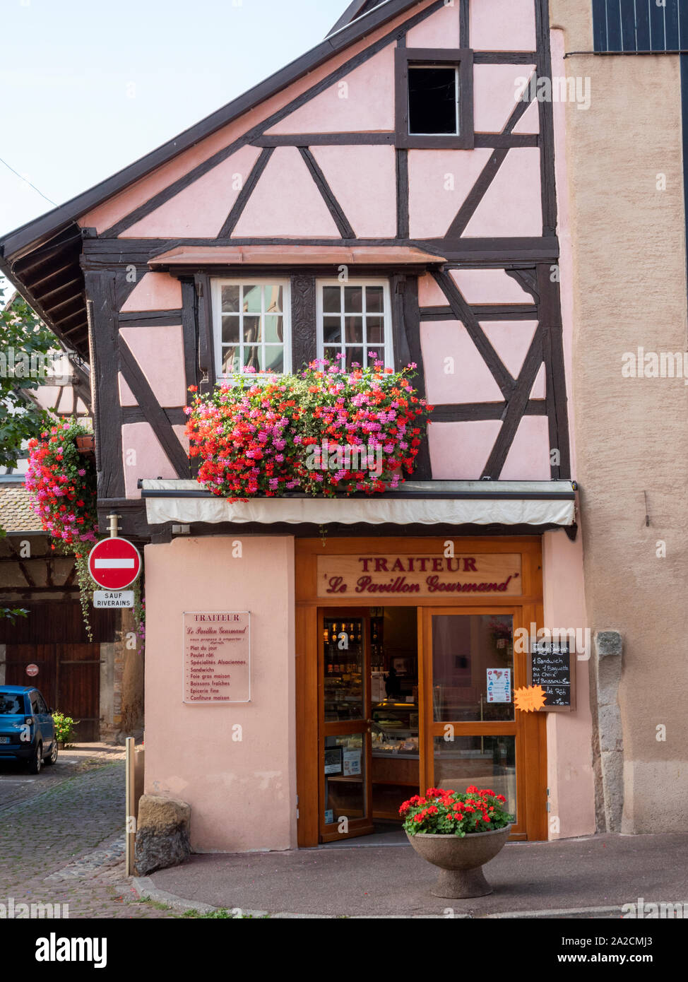 Traiteur La Pavillon Gourmand,  in a Half timbered building in the centre of Eguisheim Alsace France a pretty medieval town in the heart of the Alsace Stock Photo