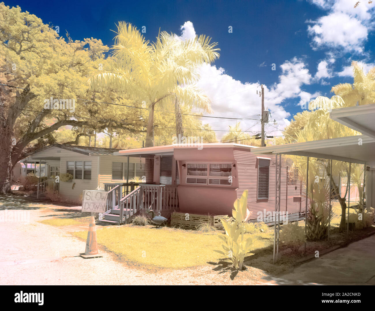 Old Florida trail homes with a Infrared Red camera and processed for false colors Stock Photo