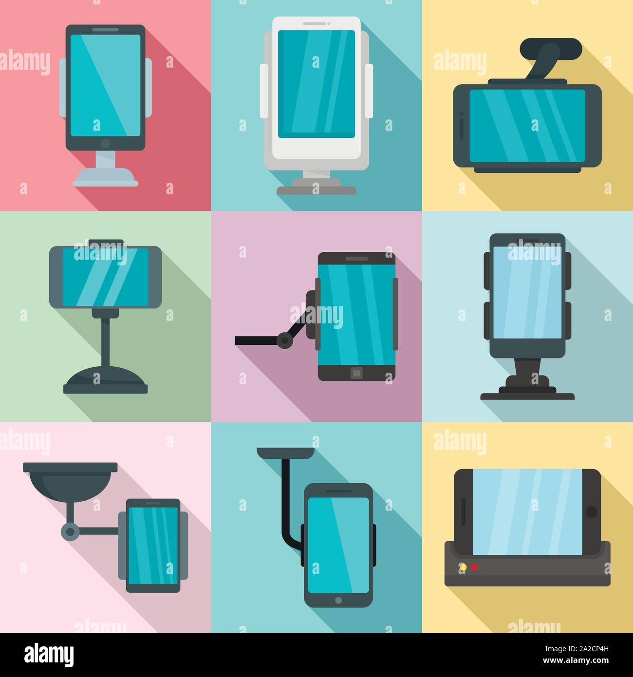 Mobile phone holder icons set. Flat set of mobile phone holder vector icons for web design Stock Vector