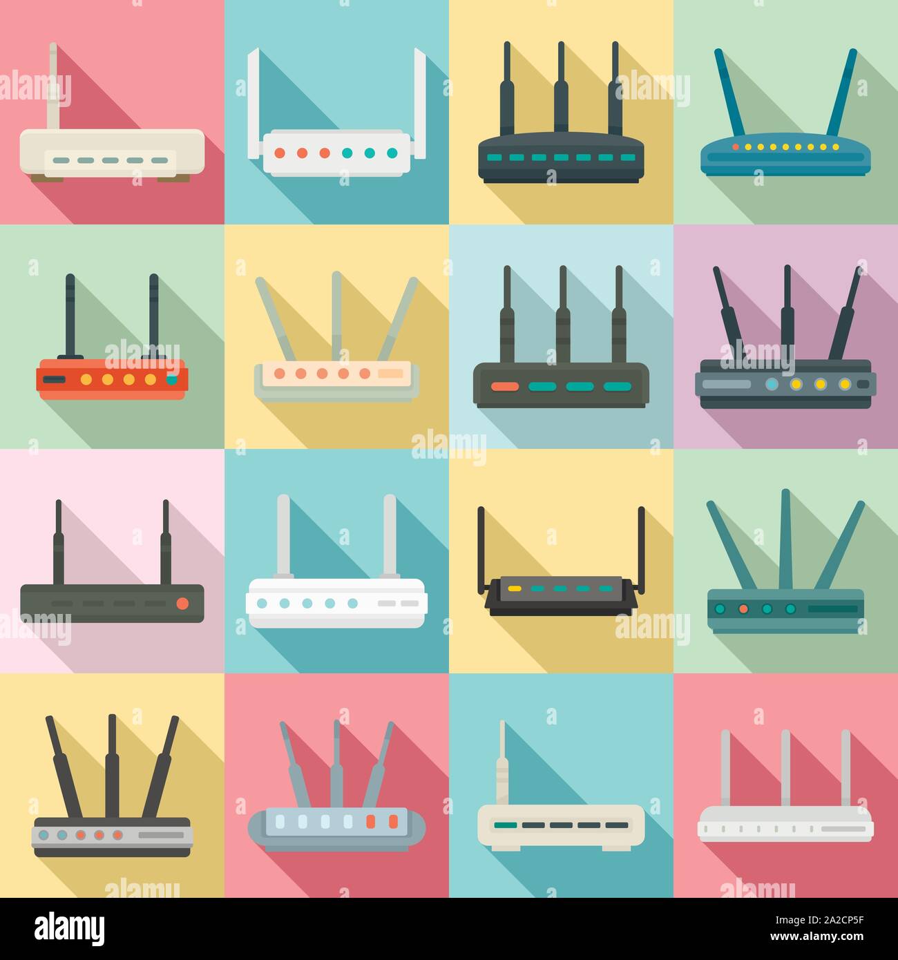 Router icons set. Flat set of router vector icons for web design Stock