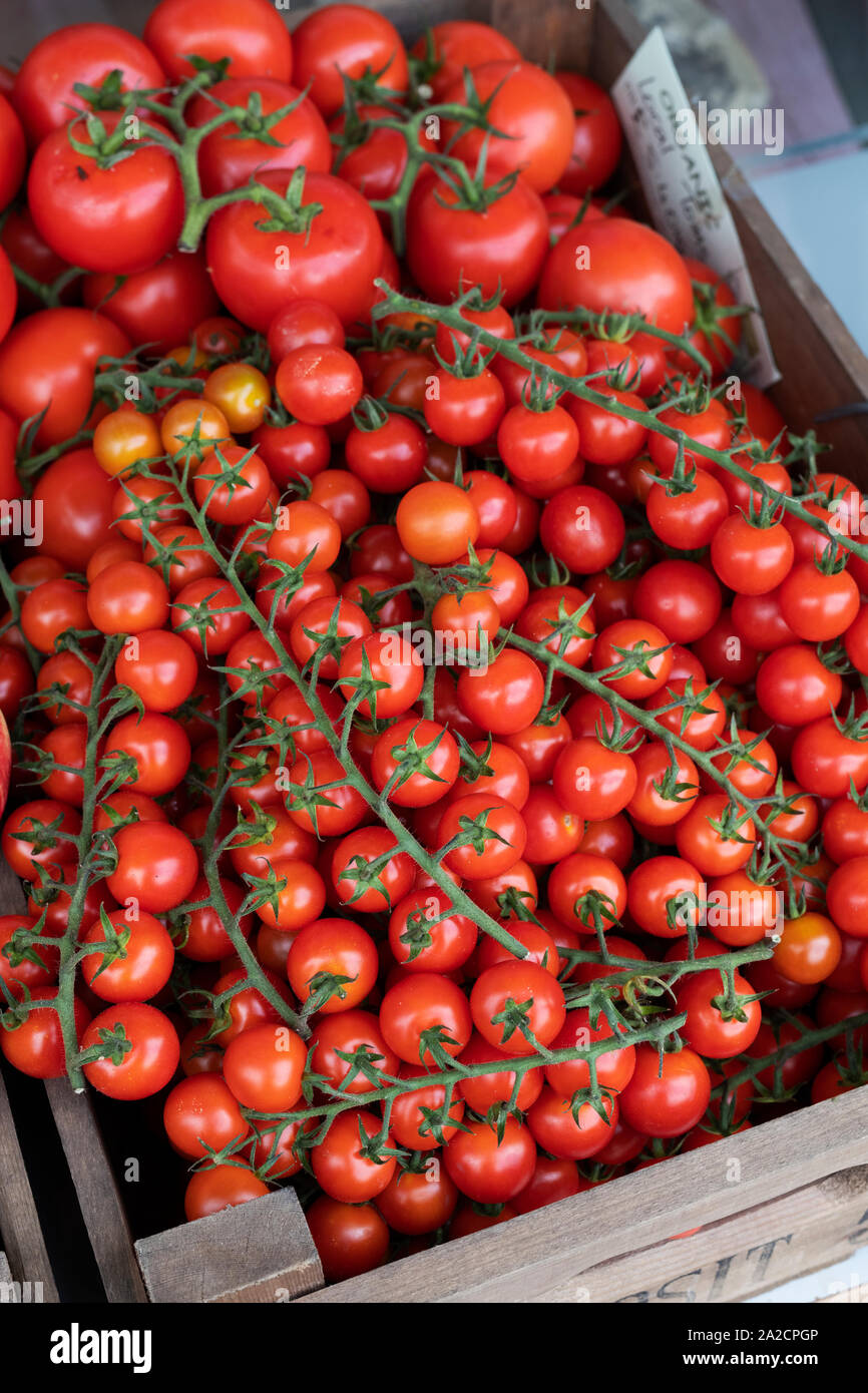 Organic tomatoes for sale outside the greengrocers shop in Ledbury, Herefordshire. England Stock Photo