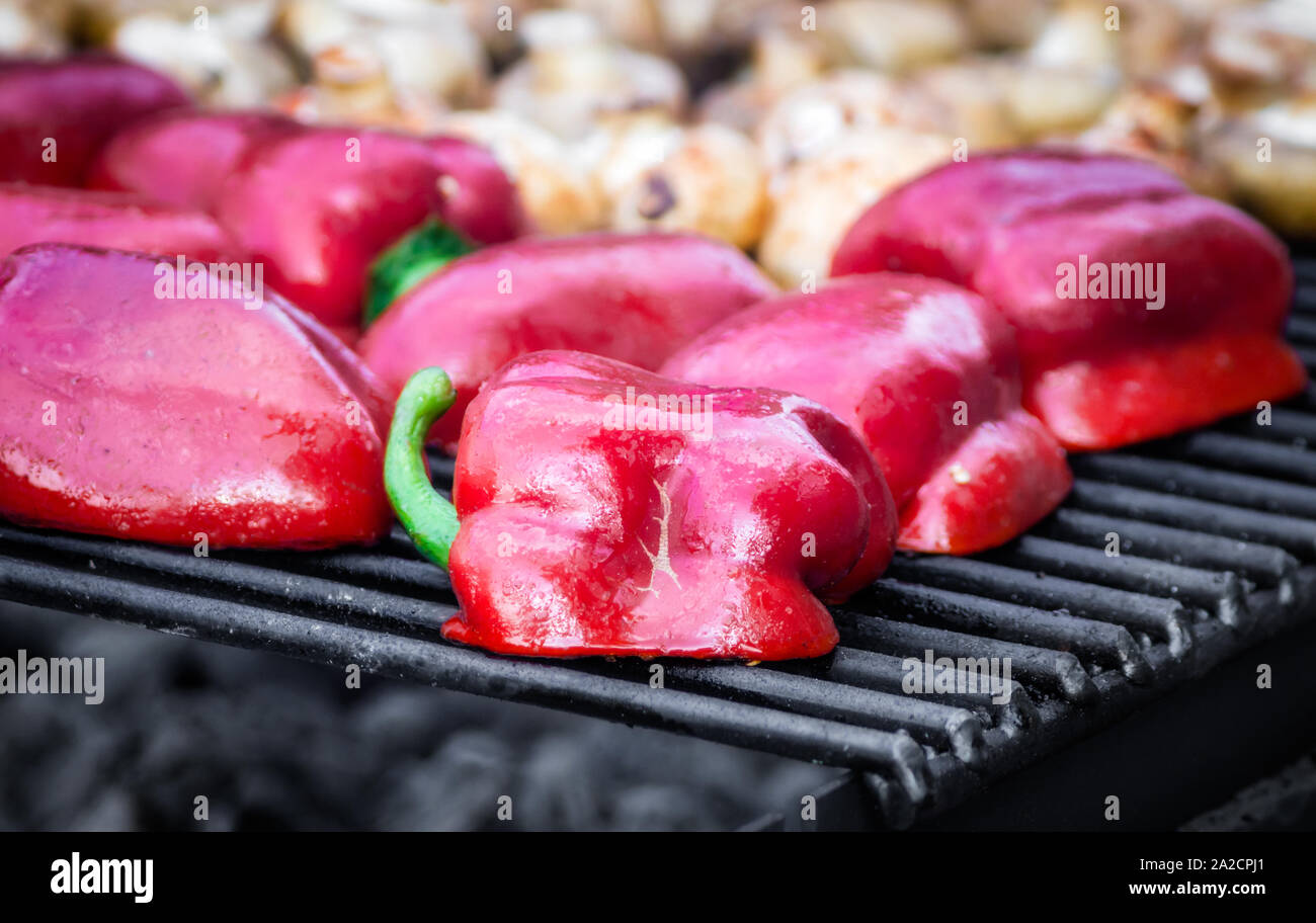 grilled red bell peppers closeup Stock Photo - Alamy