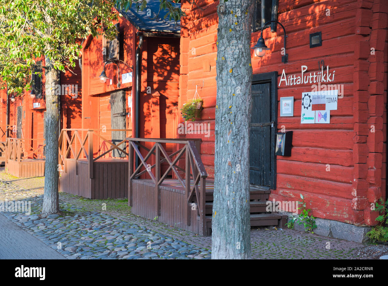 Red buildings (punaiset aitat) in Market Square, Oulu, Finland Stock Photo