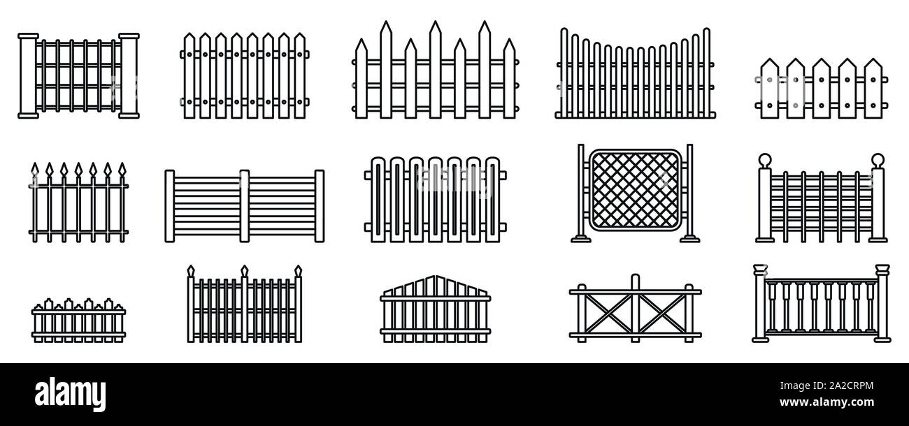 Garden fence icons set. Outline set of garden fence vector icons for web design isolated on white background Stock Vector