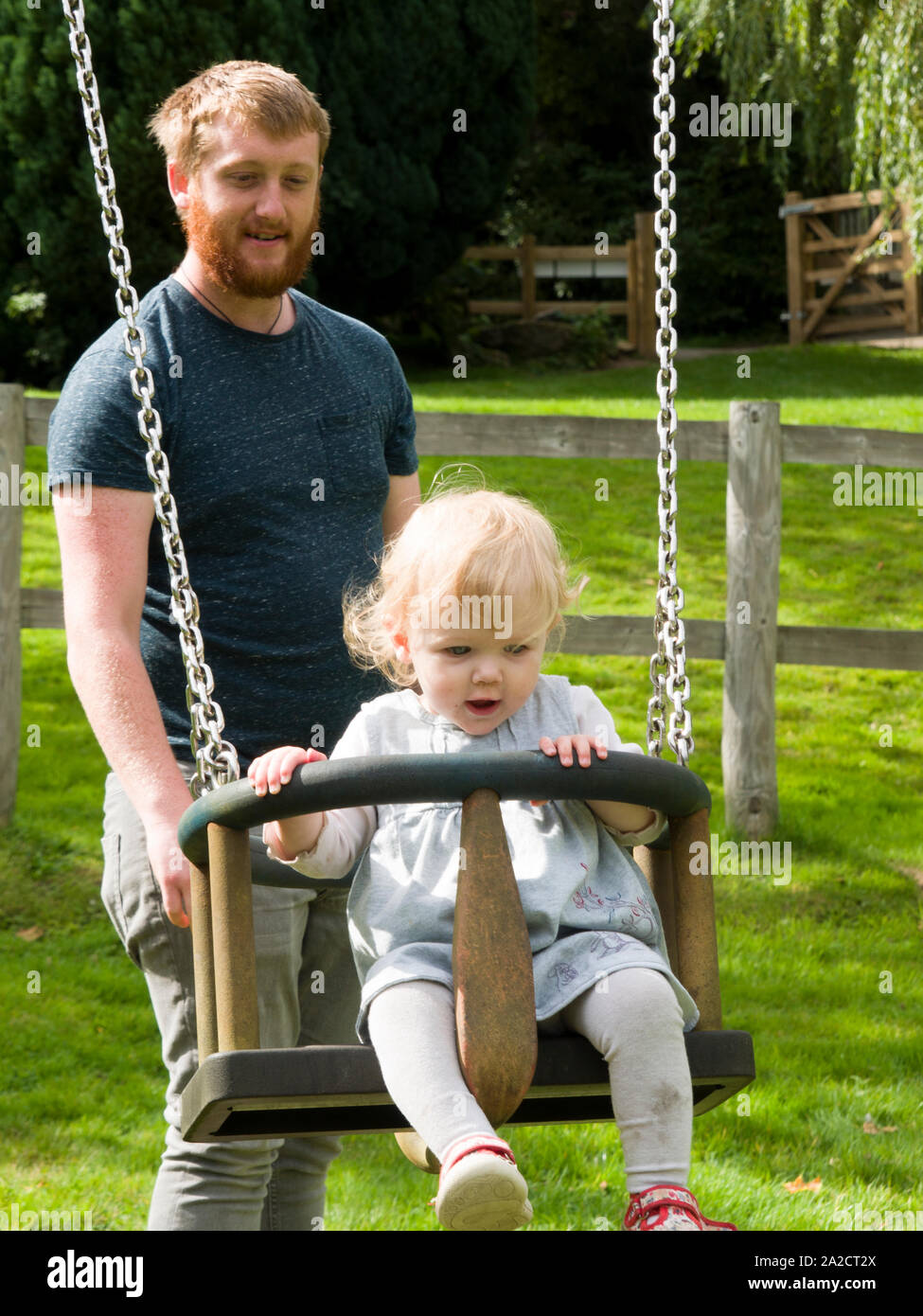 Dad pushing toddler on a swing, UK Stock Photo