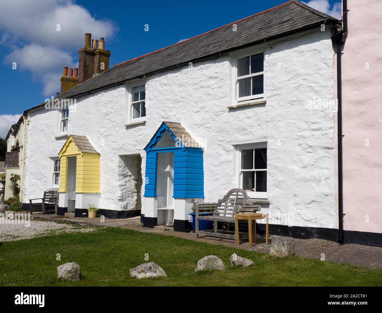 old whitewashed stone cottages, Charlestown Harbour, Cornwall, UK Stock Photo