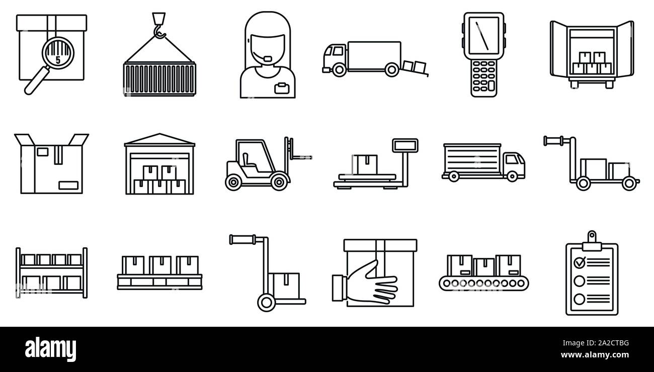 Warehouse building icons set. Outline set of warehouse building vector ...