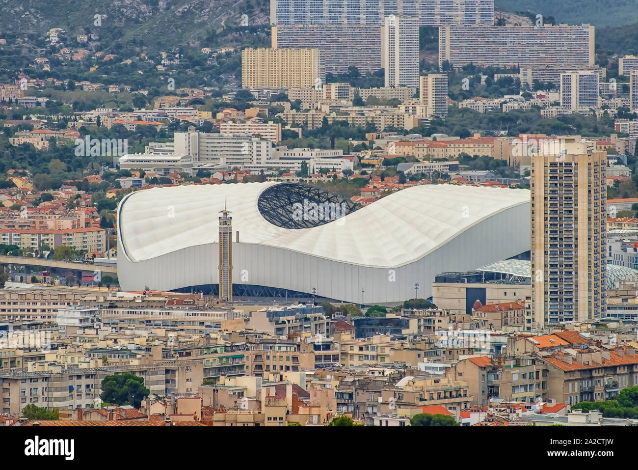 Aerial view of Marseille city and the Orange Velodrome stadium, France Stock Photo